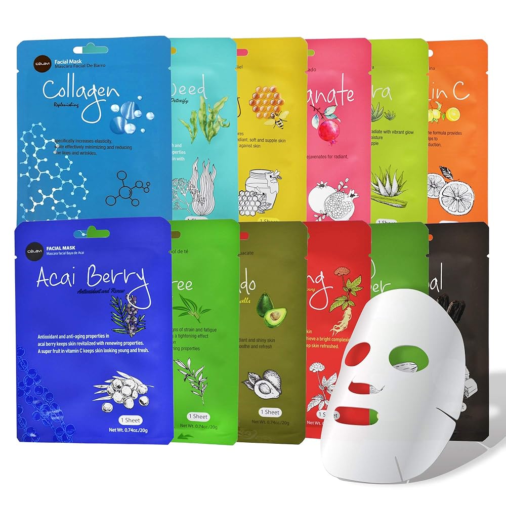 Celavi Traditional Korean Essence Facial Sheet Masks Selection Pack – 12 Hydrating Skincare Masks