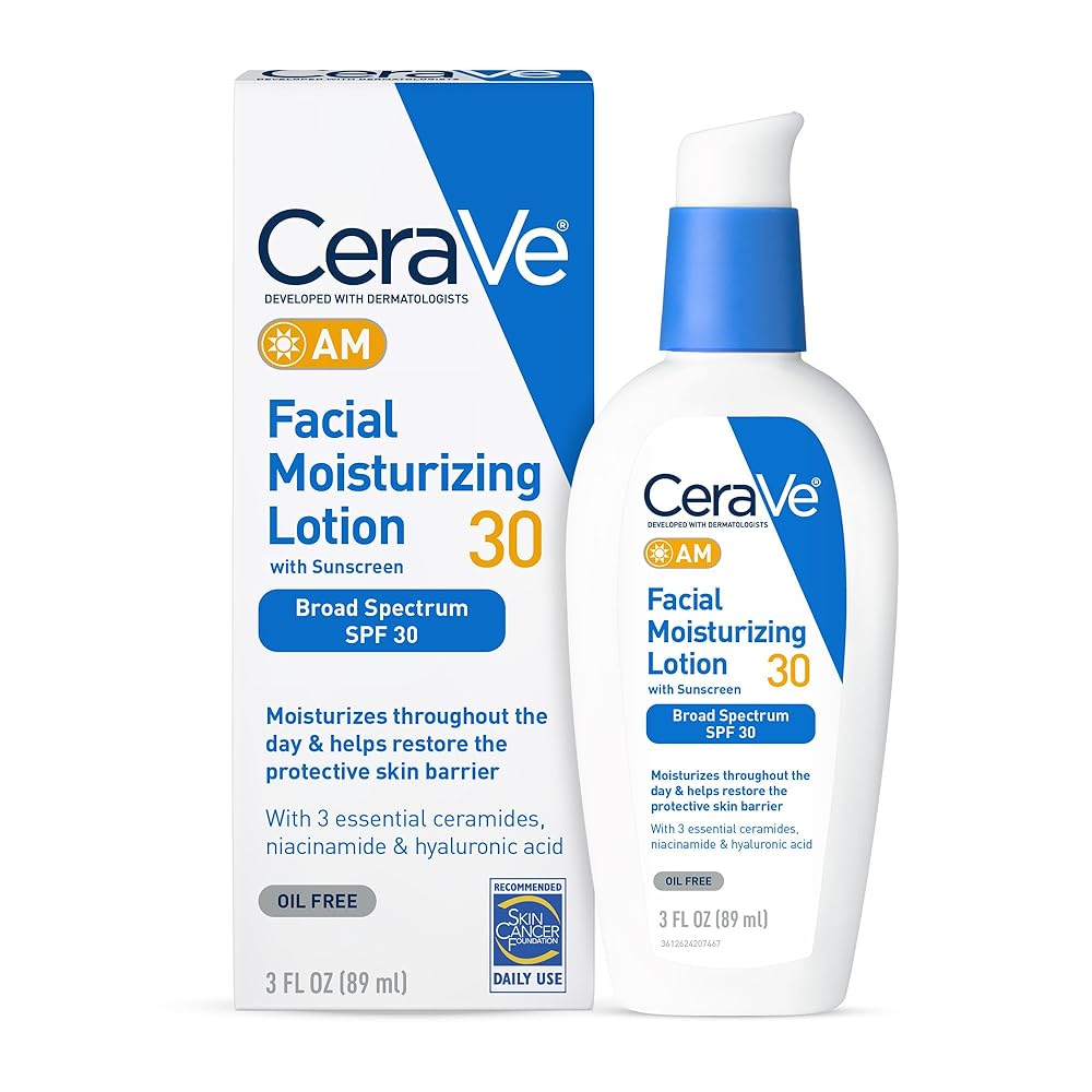 CeraVe AM Facial Moisturizer with SPF 30 | Oil-Free Hydrating Lotion for the Face | Enriched with Hyaluronic Acid, Niacinamide, and Ceramides | Non-Comedogenic | Broad Spectrum…