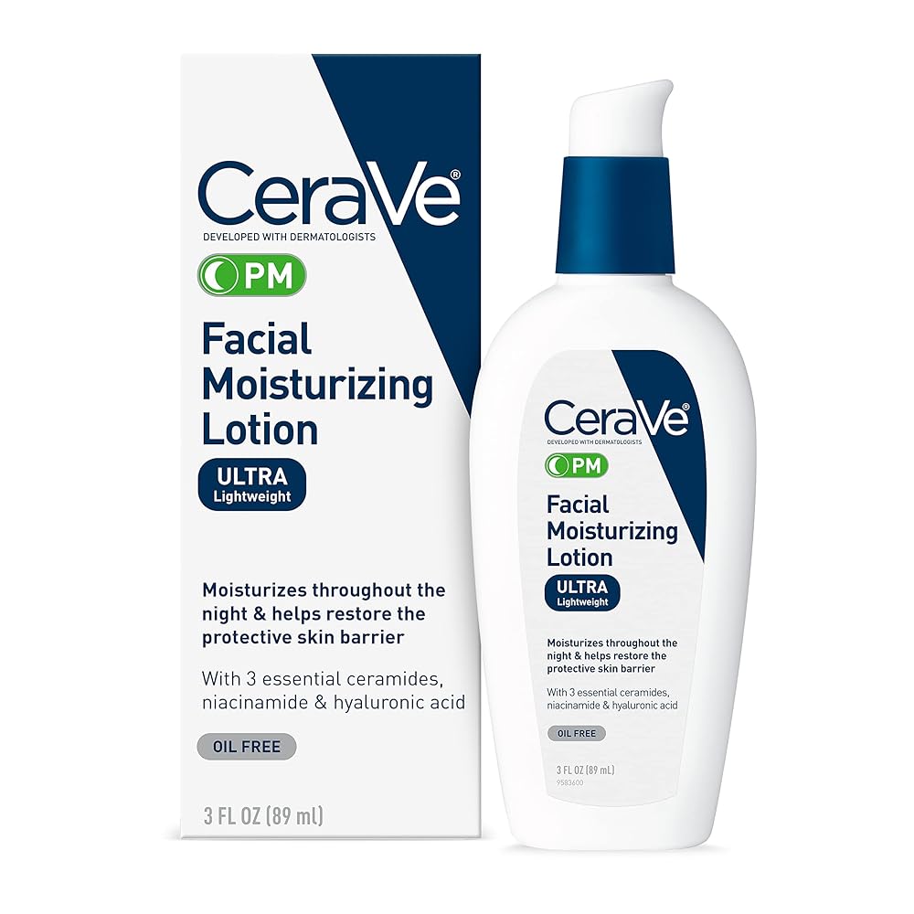 CeraVe PM Facial Moisturizer | Evening Cream Enriched with Hyaluronic Acid and Niacinamide | Light-weight, Oil-Free System for Face | 3 oz