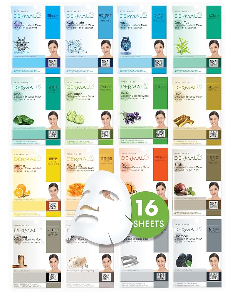 DERMAL 16 Combo Pack A Collagen Essence Korean Face Masks – Hydrating and Soothing Sheet Masks with Panthenol – Hypoallergenic Self-Care Masks Appropriate for All Pores and skin Sorts – Pure