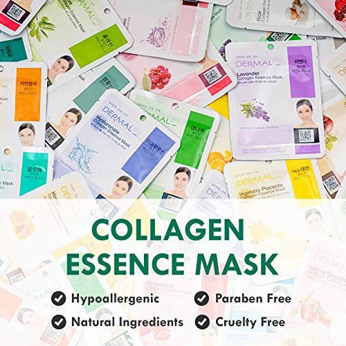 DERMAL 24 Combo Pack A Collagen Essence Korean Face Masks - Hydrating & Soothing Facial Sheet Masks with Panthenol - Hypoallergenic Self-Care Resolution for All Pores and skin Sorts - Pure