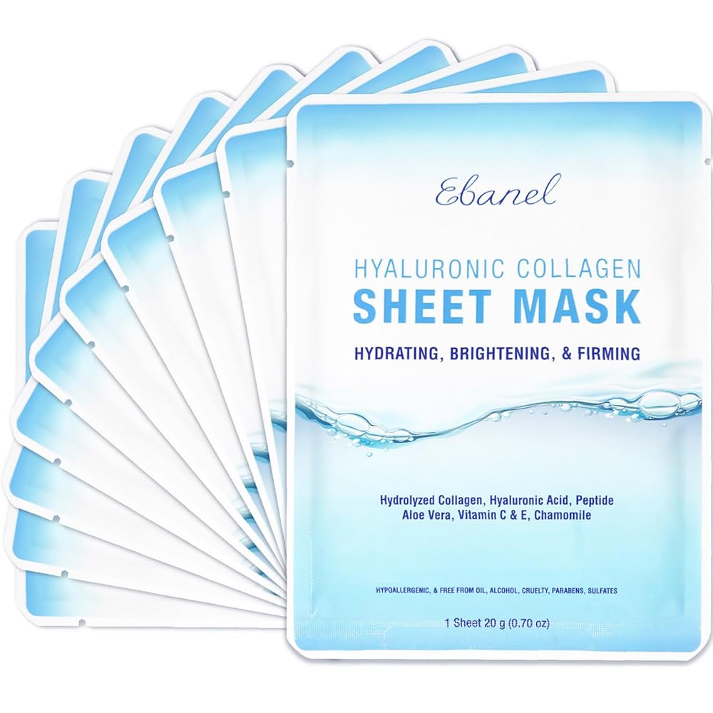 Ebanel 10-Pack Collagen Face Masks – On the spot Brightening and Hydrating Sheet Masks Infused with Aloe Vera, Hyaluronic Acid, Nutritional vitamins C and E, Chamomile, Anti-Getting old Components