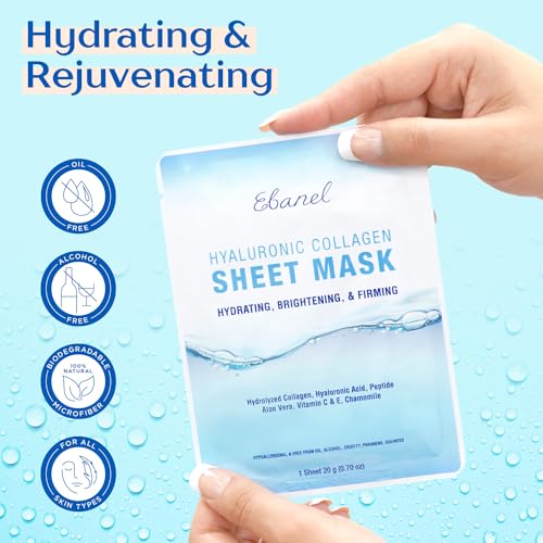 Ebanel 10-Pack Collagen Face Masks - On the spot Brightening and Hydrating Sheet Masks Infused with Aloe Vera, Hyaluronic Acid, Nutritional vitamins C and E, Chamomile, Anti-Getting old Components