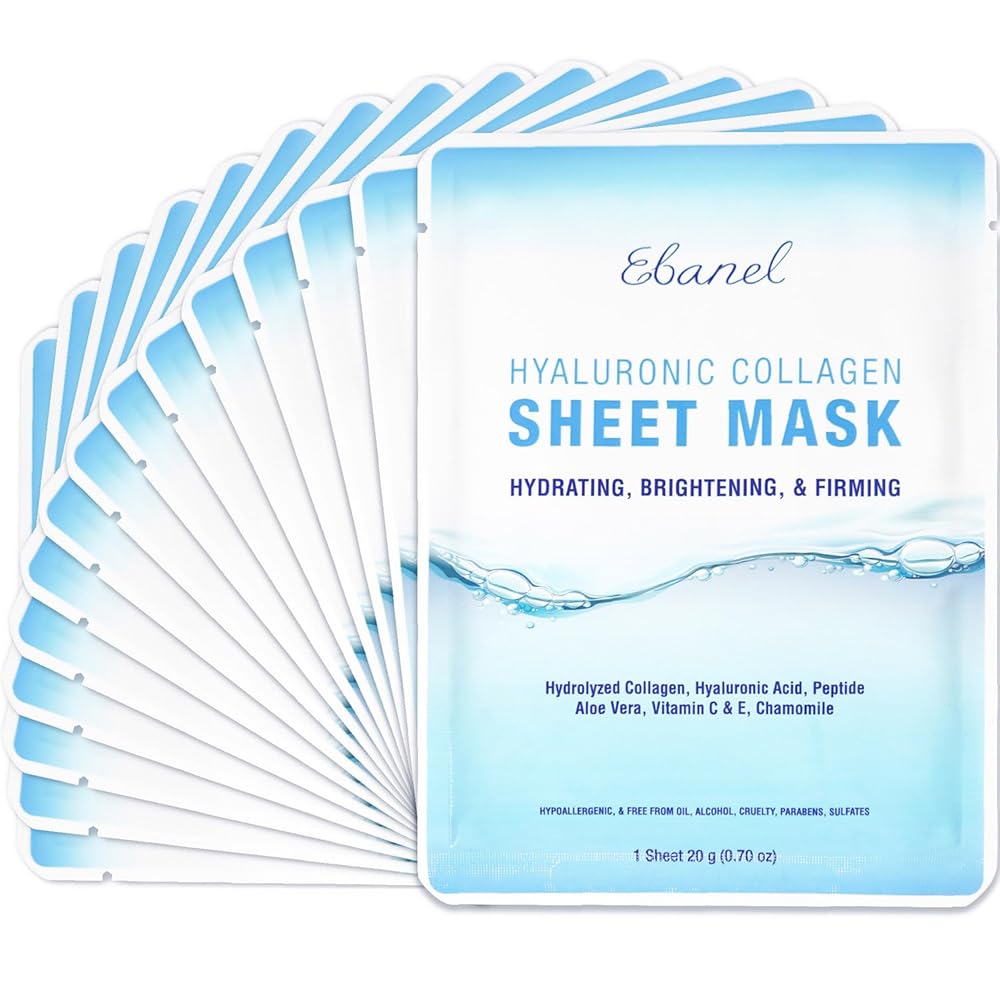 Ebanel 15-Pack Collagen Peptide Hydrating Face Masks for Prompt Brightening, Firming, and Anti-Getting old Skincare – Moisturizing Spa Sheet Masks with Hyaluronic Acid and Nutritional vitamins